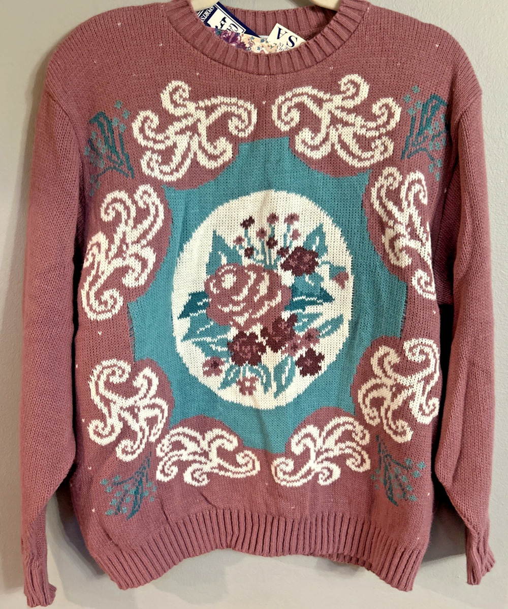 Cape Cod Floral Knit Sweater XL Mauve Pink 90s Grannycore Cottagecore Coquette